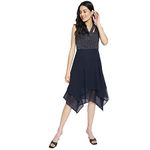 Latin Quarters Women's Blue Solid Sleveless Sequin Below The Knee Dress_L