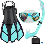 AosDero Kids Snorkeling Set Adjustable Swimming Kids Flippers+Panoramic Snorkel Mask+ Dry Snorkel Tube+ Travel Bags Suitable Snorkeling Gear for Kids,Juniors,Age 5-14