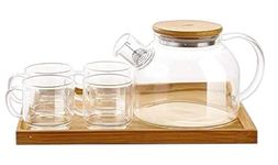 KHOLAD Glass Kettle 1 Teapot Wooden Lid With 1 Wooden Tray And 4 Tea Cup Tableware Serving Set Heat-Resistant Glass Hot Water Bottle Flower Brewed Loose Leaf Tea Filter Spout- Set Of 6, 1 Liter