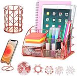 JUOPIEA Desk Organizers and Accessories Office Supplies Organizer with Pen Holder, 72 Clips Set and Phone Stand, Metal Mesh Desktop Organizers with Drawer for Home, Office, School Ect (Rose Gold)