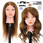 Training Head, Yofuly 18 Inch Hairdressing Head 100% Real Human Hair Manikin Doll Head, Cosmetology Hairdressing Head for Practice Hair Styling with Table Clamp Holder & DIY Braid Set (Light Brown)