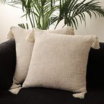 Kushadri Cushion Covers 16 inch x 16 inch Pack of 2, Cream/Ivory Color Textured slub Fabric Cotton Cushion Covers with Four Side Tassels.