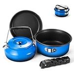 Odoland 5pcs Camping Cookware Mess Kit, Non-Stick Lightweight Pot Pan Kettle Set with a removable handle - Perfect for Backpacking, Camping, Hiking, and Picnic Blue