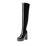 DREAM PAIRS Women's Platform Over The Knee Thigh High Boots Chunky High Heels Square Toe Long Fall Y2K Gogo Boots, Black-pat, 8