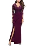 MISSMAY Women's Vintage Floral Lace Ruffle 3/4 Sleeves Evening Party Formal Long Dress (Large, Burgundy)