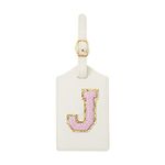 Initial Luggage Tag, PU Leather Luggage Tag, Embroidered Luggage Tag, Letter Luggage Tag, Monogrammed Luggage Tag, Luggage Tag for Baggage Bag Suitcase (J, White Leather+Pink Letter)