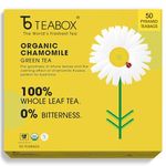 Teabox ORGANIC Chamomile Green Tea for Stress Relief & Good Sleep, Made with 100% Whole Leaf & Natural Chamomile Flowers, 50 Silken Pyramid Tea Bags