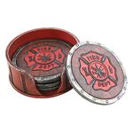 Pine Ridge Fire Department Set of 4 Coasters with Rubber Pad Base and Holder - Volunteer Fireman Fire Fighter Gift Ideas - Beautiful Polyresin Made Firefighter Symbol Display Items