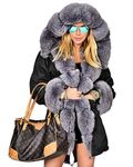 Roiii Women Thicken Warm Winter Coat Hood Down Parka Fleece Fur Outdoor Overcoat Long Jacket Outwear, Black 7008, X-Large