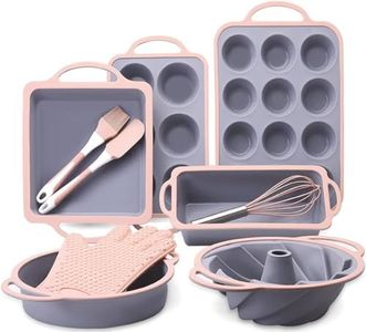 COOKSTYLE 10 in 1 Nonstick Silicone Bakeware Sets, Baking Pans Set, Baking Pan, Bundt Cake Pan, Bread Loaf Pan with Steel ring, Muffin Cups with Silicone Spatulas Pastry Brush Oven Mitts Whisk (Pink)