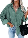 wkwmrpet Womens Corduroy Button Down Shirts Boyfriend Long Sleeve Oversized Jacket Tops Green