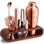 Mixology Bartender Kit: 10-Piece Copper Bar Set Cocktail Shaker Set with Stylish Mahogany Stand | Perfect Home Bartending Kit with Rose Gold Bar Tools and Martini Shaker for Foolproof Drink Mixing