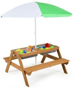 HONEY JOY Kids Picnic Table, 4 in 1 Cedar Wooden Sand & Water Table w/ 2 Removable Box & Umbrella, Kids Picnic Tables for Outdoors Backyard Garden, Toddler Patio Furniture Set for Boys Girls(Natural)