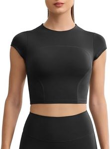 ENERBLOOM Workout Crop Tops for Women Yoga Short Sleeve Mild Support Slim Fit Cropped Athletic Shirts Gym Tee Built in Bra Black Large