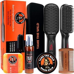 Tame The Wild Pro Beard Straightener for Men Kit - Heated Beard Brush for Men - 12 Temp Settings - Beard Grooming Kit with Heat Protector Spray, Beard Soap, Beard Balm, Comb & Travel Case - Gift Set