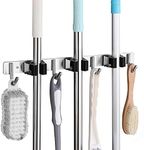 SHYOSUCCE Broom Mop Holder, Stainless Steel Broom Storage with Racks and Hooks, Broom Holder Wall Mounted for Kitchen, Bathroom, Garage, Garden (Black, 4 Hooks and 3 Racks)