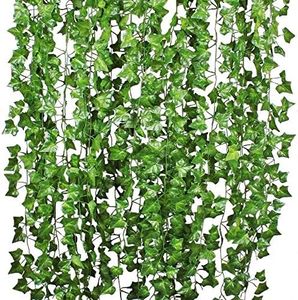 DearHouse 12 Strands Artificial Ivy Leaf Plants Vine Hanging Garland Fake Foliage Flowers Home Kitchen Garden Office Wedding Wall Decor, 84 Feet, Green