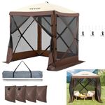 VEVOR Pop Up Gazebo Tent, Pop-Up Screen Tent 4 Sided Canopy Sun Shelter with 4 Removable Privacy Wind Cloths & Mesh Windows, 6x6FT Quick Set Screen Tent with Mosquito Netting, Brown