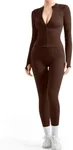 SUUKSESS Women 2 Piece Seamless Ribbed Workout Sets With Zip Up Jacket High Waisted Gym Yoga Leggings (Brown,S)