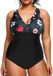 Aqua Eve Women Plus Size One Piece Swimsuits V Neck Tummy Control Bathing Suits Retro Ruched Swimwear, Floral & Black, 20 Plus