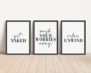 Get Naked Novelty Set Of 3 Prints - Bathroom Wall Art - A5 A4 A3 Unframed Black And White Typography Print Picture Poster Home Décor