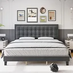 Senfot Queen Size Upholstered Platform Bed with Button Tufted Headboard, Heavy Duty Metal Foundation with Wood Slats No Box Spring Needed for Bedroom in Light Grey