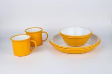 Lost & Found Cornwall 6 Piece Premium Enamelware Dining Set | 2* Bowls Deep Dish Plates Mugs | for Outdoor Camping Hiking Vanlife (Campfire Yellow)