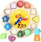 CHANNAPATNA TOYS Wooden Shape Color Sorting Clock Teaching Time Number Blocks Stacking Sorter Simple Patterns Puzzle Montessori Early Learning Educational Toy Gift for 3 Year Old Toddler Baby Kids