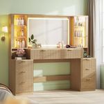 HAUOMS Big Vanity, 59.1" Fluted Wood Makeup Vanity Desk with Mirror and Sound Sync LED Lights, Large Vanity Dressing Table, 8 Drawers, 2 Glass Cabinets, with Charging Station for Girls, Women, Oak