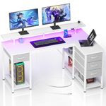 Seventable L Shaped Computer Desk with Drawers 55.1 inch, Gaming Desk with Power Outlets & LED Lights, Reversible Office Desk with Storage Shelves, Corner Desk with Monitor Stand for Home Office White