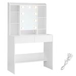 VASAGLE Dressing Table with LED Lights, 9 Bulbs, 3 Light Colours, Adjustable Brightness, Vanity Desk with Mirror, Adjustable Shelves, 2 Drawers, Makeup Desk, Modern, White RDT126W02