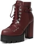 Susanny Platform Heel Boots Womens Burgundy Sexy High Heels Harley Steampunk Heeled Combat Boots Shoes Lace UP Short Ankle Booties 13.5