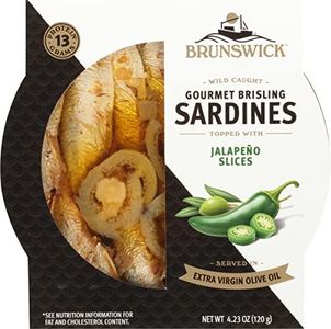 Brunswick Wild Caught Gourmet Brisling Sardines in Extra Virgin Olive Oil Topped with Jalapeño Slices,4.23 oz Can (Pack of 12)- Wild Caught Sardines- 13g Protein per Serving- Gluten No,Keto Friendly