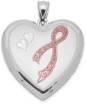 925 Sterling Silver Patterned Engravable Holds 2 photos Polished and satin 24mm Enameled Sparkle Cut Pink Ribbon Love Heart Locket