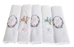 Surf the Shop Pack of 5 Ladies Initial Embroidered White Handkerchiefs with Satin Border and Matching Floral Handkies, Various Letters