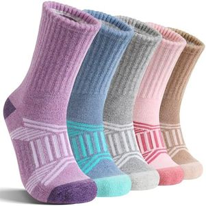 EBMORE Womens Merino Wool Hiking Socks Thermal Warm Winter Boot Crew Cushion Work Gift Socks 5 Pairs(Pink/Purple/Light Gray/Khaki/Blue,L)