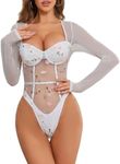 SweatyRocks Women's Sheer Floral Lace Long Sleeve Bodysuit Tops Sweetheart Neck Jumpsuit White Medium