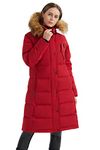 OROLAY Women's Down Jacket Winter Long Coat Windproof Puffer Jacket with Fur Hood Red M