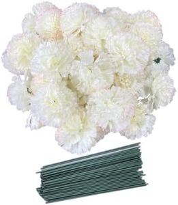 Rikyo 50 Artificial Silk Carnation Flower Head with Stems Set,Vase Fillers for Bridal Wedding Party Birthday Cake Ornaments,DIY Wrist Corsage, 3" Petals Heads & 8" Stems (Champagne)