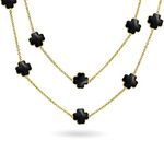 Black Flower Long Gold Plated Pearlized Enamel Station Chain Wrap Layer Clover Necklace for Women 40 Inch