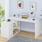 HSH White L Shaped Desk with Drawers Shelves, 360 Rotating L Shape Computer Desk with Storage Cabinet, Corner Home Office Wood Desk for Executive Writing Work Study, Reversible Computer Table, 55 Inch