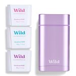 Wild - Natural Refillable Deodorant - Aluminium Free - Purple Case with Refill Variety Pack (3 x 40g) - Includes Fresh Cotton & Sea Salt, Jasmine & Mandarin and Coconut & Vanilla Scents - Vegan