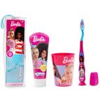 Barbie Toiletry Bag Contains Toothbrush with Protection Cap, Suction Cup, Comfortable Handle and Soft Bristles, Mint Flavour Toothpaste and Multi-Purpose Beaker for Kids 3+