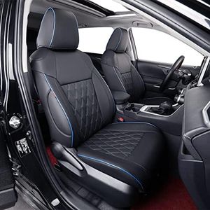 EKR Rav4 Seat Covers Custom Fit for Toyota Rav4 (for Hybrid) 2019-2025 LE,XLE,XLE Premium,Limited,Woodland Edition, Leather Truck Seat Cover Full Set for SUV,Faux Leather(Black with Blue Piping)