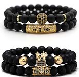 JEWPARK 4 Pcs Crown King Bracelets for Men Black Matte Onyx Cool Natural Stone Bracelets Set, Large, Stone, obsidian