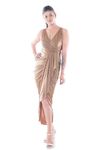 SAMM RENAISSANCE Women's V Neck Ruched Wrap Slit Hem Sleeveless Spaghetti Strap Midi Bodycon Dress SR042406 Gold S