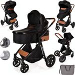 Baby Buggy Pram Pushchair Stroller 3 in 1 Child Lightweight Folding Stroller 3 in 1 Travel System Pram for Newborns & Toddlers 0-36 Months from Birth Aluminum (Black - Black Frame)