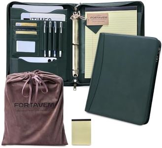FORTAVEM Genuine Leather Zippered Padfolio with 3 Ring Binder, A4/Letter Portfolio Organizer for Work, Fits 13.9" Laptop, Business Folder with Notepad Holder, Meetings & Interviews (Green)