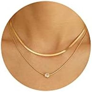 17 MILE Gold Layered Choker Necklace for Women, 14K Real Gold Plated CZ Pendant Necklace, Dainty Flat Snake Chain Layering Necklace for Gift (Herringbone 2 Layered Gold)