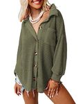 Dokotoo Women's Waffle Knit Shacket Jacket - Casual Loose Fit, Long Batwing Sleeve, V Neck, Button Down, Green, Large